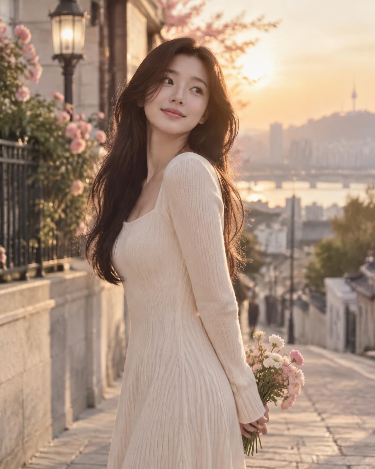 노을 지는 도시 골목에서 미소 짓는 여성