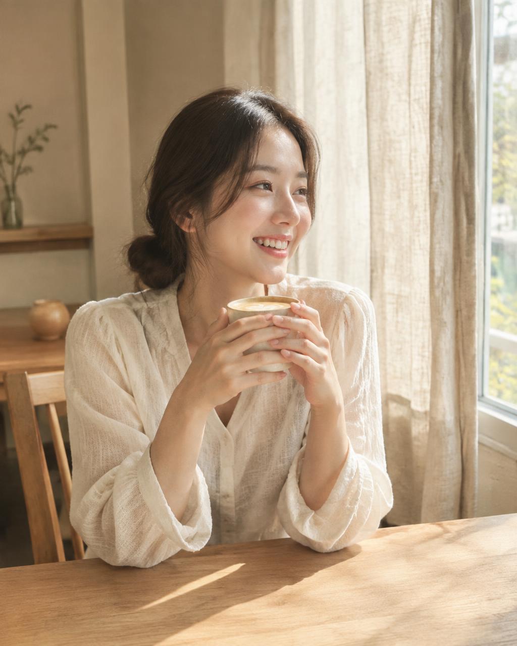 햇살 드는 카페에서 라떼를 든 여성