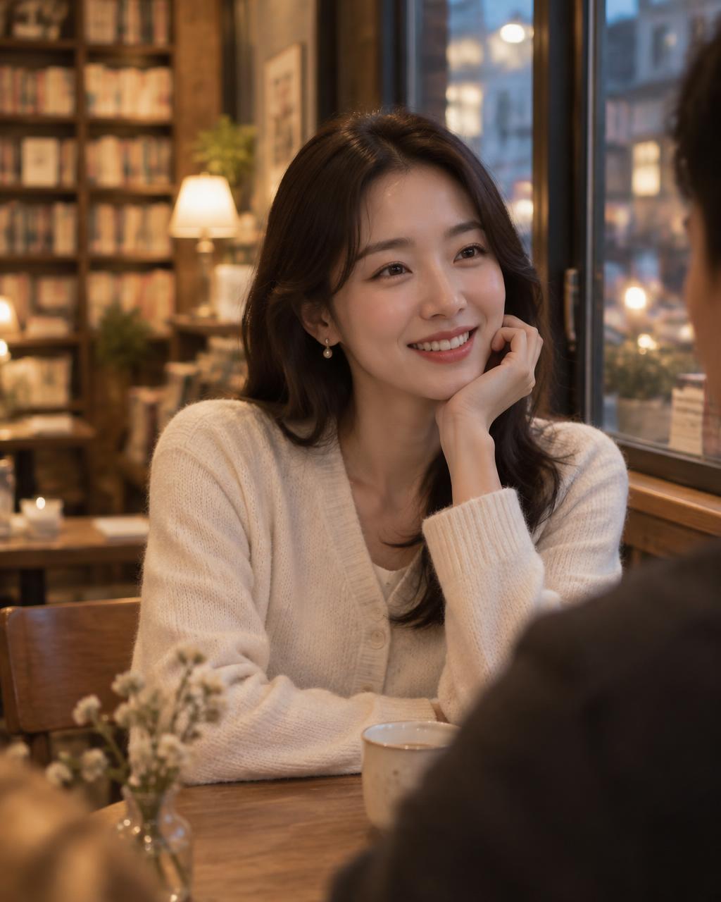 북카페 창가에서 대화하며 웃는 여성